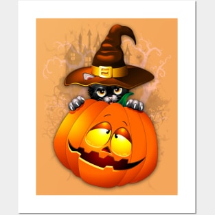 Halloween Kitty Cat with Witch Hat and a Halloween Pumpkin Posters and Art